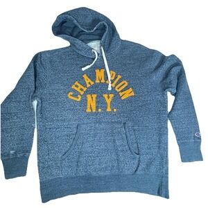 Y2K Champion Heritage Hoodie NY New York Collegiate PullOver Navy Blue Spell Out